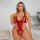 Woman wearing red european-american lace bodysuit with backless mesh design, sexy adult sleepwear set.
