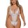 White lace bodysuit with delicate floral patterns and adjustable straps, featuring a backless design for a seductive look.