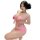 Woman modeling pink european & american lingerie set with lace thong, bow details, and sensual sleepwear design.