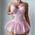 Pink lace chemise set with sheer mesh and satin tie-strap design, perfect for womens sleepwear.