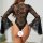 Sheer black lace bodysuit with floral pattern, bell sleeves, and thong back. ultra-thin mesh sleepwear for women.