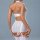 Woman wearing white european-style lace bodysuit with sheer panels and back cutout, paired with matching garter stockings.