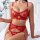 Woman wearing red european-style lace lingerie set with floral embroidery, sheer mesh bra and matching garter briefs for sedu...