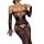 Woman wearing black lace bodysuit with sheer mesh, floral embroidery, and open-crotch thong design.