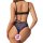 Woman wearing european sexy lace lingerie set with sheer mesh and intricate lace detailing, showcasing a seductive and playfu...