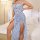 Elegant light blue lace trim sleep dress with floral pattern, featuring a high slit and backless design, perfect for women se...