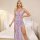Blonde woman wearing a european-style sexy lace trim sleep dress with backless design and high slit, perfect for womens night...
