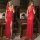Elegant red sheer sleep dress with deep v-neckline and side slit, perfect for european-style lingerie sets.