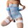 Woman wearing a blue european-style sheer lingerie set with lace trim and fishnet stockings.