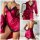 Sexy red satin sleep dress & robe set with black lace trim. elegant two-piece loungewear for women, shown front, back, and st...