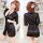 Front view of a black lace sleepwear set with a tie belt, featuring a silky texture and floral hair accessory. back view show...