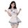A woman wearing a white sailor-style costume with blue accents, featuring a short-sleeved top and pleated skirt, suitable for...