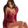A woman sits elegantly on a chair wearing a red lace sleep set, featuring a cami top with delicate lace detailing and a flowi...