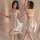 Woman modeling white sheer halter mini nightgown with lace-up front and open back, part of fan lei original sexy lingerie sle...