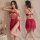 Fan lei sheer red halter mini nightgown with lace-up front and open back, shown on model in romantic bedroom setting.