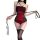 Woman in red and black lace bodysuit with adjustable straps, holding a whip, wearing thigh-high stockings and a choker.