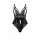 Black lace open-crotch bodysuit with floral detailing and ruffled hem, part of the fei niao moon gaze lingerie set.