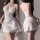 Feimu silk-look lounge dress – elegant white sleepwear with lace trim, sheer modest design for sensual lounging.