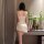 Feiniao moon gaze sexy one-piece slip dress - deep v plunge ruched lace sleepwear for women, showcased from the back with ele...