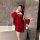 Woman in red feiniao moon-gazing hanfu lingerie set with sheer silk doudou, floral trim, and wide sleeves, posing in bathroom...