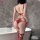 Woman wearing red feiniao moon gazing lace bodysuit with sheer open-crotch and cut-out details, standing by bathtub.