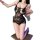 Woman kneeling in black sheer floral lace bodysuit with open-crotch design and bow details.
