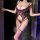 Woman wearing purple feiniao moonlit lace bodysuit, sheer mesh with floral lace, backless design, and garter straps.