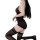 Woman wearing black feng qu cat lingerie set with lace suspender stockings, sheer mesh bodysuit, and open-crotch design.