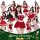A group of women posing in festive attire, featuring red and white holiday-themed costumes with reindeer antlers and bunny ea...