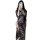 Woman wearing black misty flame lace secretary sleep dress with sheer floral pattern and high slit, taking mirror selfie.