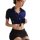 Woman modeling navy blue short-sleeve cropped shirt and black mini skirt from flirty airline hostess costume set.