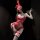 Woman in red lace lingerie set with bunny ears, ruffle trim, and garter straps posing seductively in dim light.