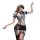 Woman in flirty lace peek-a-boo lingerie set with front snap closure, sheer stockings, and secretary-style outfit posing conf...