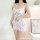 Floral lace trim sleep dress with built-in padded bra, sexy bodycon fit, contrast lace hem, pink rose print on white satin.