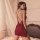 Woman wearing red floral moonlight sensual lace backless slip nightgown, elegant sheer robe sleepwear for women.