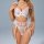 Woman wearing french style lace lingerie with floral embroidery, featuring a sexy small bust enhancing set and exotic print i...
