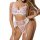 White floral lace lingerie set with sheer panels and pink embroidery, featuring a balconette bra and garter belt for women.