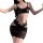 Woman wearing black french lace lingerie set with sheer slip dress and bodycon fit, featuring floral lace details.