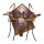 Sheer mesh bra and thong set with purple floral lace, underwire support, and adjustable brown ribbon ties displayed on wood.