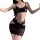 Woman wearing a black french lace sexy sleep dress, featuring a bodycon slip design with elegant sheer trim and floral detail...