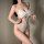 Woman wearing white french lace sheer bodysuit with butterfly knot detail, elegant and alluring design.