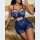 Woman wearing blue french lace chemise nightgown with matching thong, backless design, sheer floral pattern, sexy lingerie se...