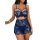 Woman wearing a blue french lace sheer chemise nightgown with floral patterns, featuring a backless design and matching thong...