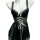 Black lace chemise nightgown with pink ribbon detailing, sheer fabric, and backless design for sensual sleepwear.