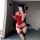 Sexy red lace bodysuit with ties and cutouts, perfect for small busts, featuring a corset design and thigh-high stockings.