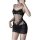 Woman wearing black sheer lace lingerie set with floral details and side ties, romantic french-style mesh bodysuit for sensua...