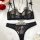 Elegant black sheer lace lingerie set with delicate floral patterns, featuring a sexy bra and thong, adorned with bows and pe...