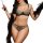 Woman wearing french-style sheer lace lingerie set with feather boa, holding a wand. ultra-thin sensual two-piece erotic unde...
