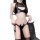 Woman wearing black giant guava pvc lingerie set with devil wings, featuring halter top and thong bottom for anime cosplay.