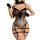 Sexy low-back leopard bodysuit with black straps and cuffs, perfect for cosplay as a spicy catwoman costume for women.